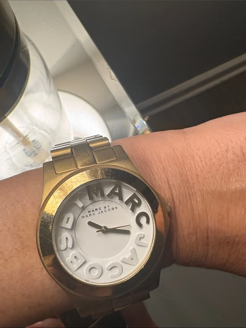 Marc Jacobs Gold and White Logo Bezel Watch Bracelet